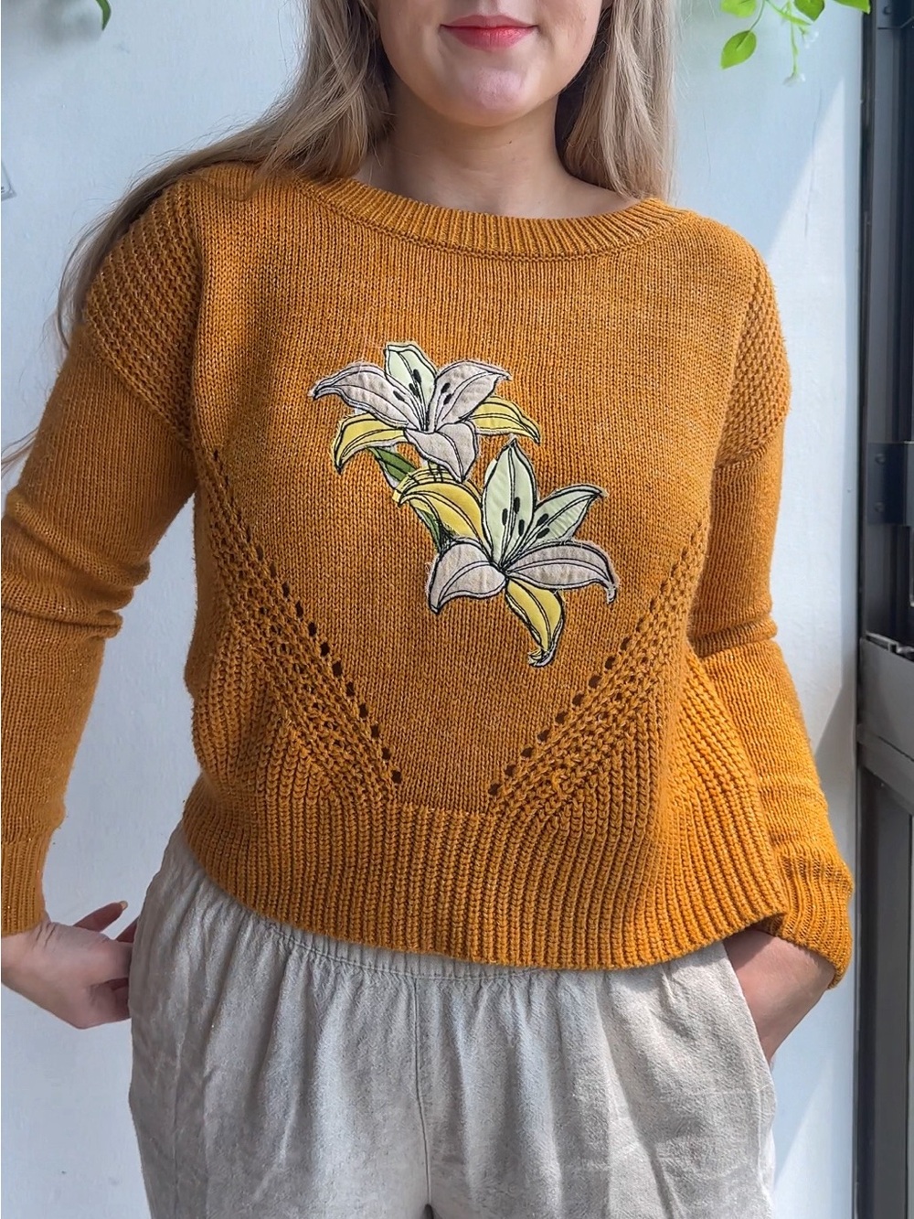 Upcycled Women's Mustard Floral Lily Embroidered Appliqué Sweater